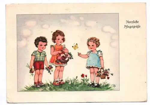 Künstler AK Herzliche Pfingstgrüße Mädchen an der Blumenwiese Schmetterling 1954