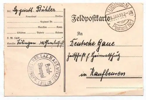 Feldpostkarte Tübingen Reserve Lazarett II Abteilung Wilhelmstift 1918