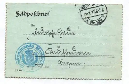 Feldpost Faltbrief 1917 Ortskommando Markirch Stempel