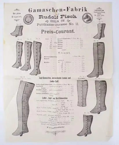 Reklame Blatt Gamaschen Fabrik Rudolf Fisch Berlin SW um 1900