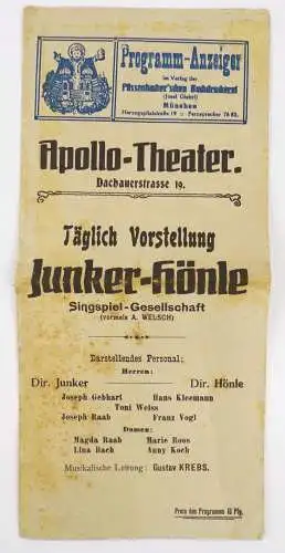 Programm Anzeiger Apollo Theater Junker Hönle um 1910 München
