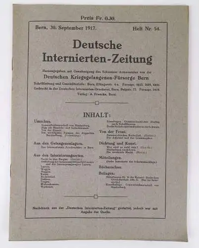 Deutsche Internierten Zeitung 1917 Nr 54 Kriegsgefangenen Fürsorge Bern