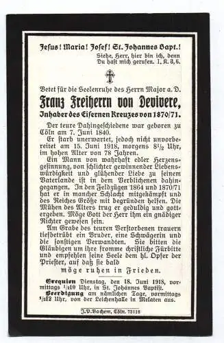 Sterbebild Franz Freiherr von Devivere Inhaber Eisernes Kreuz 1870 1871