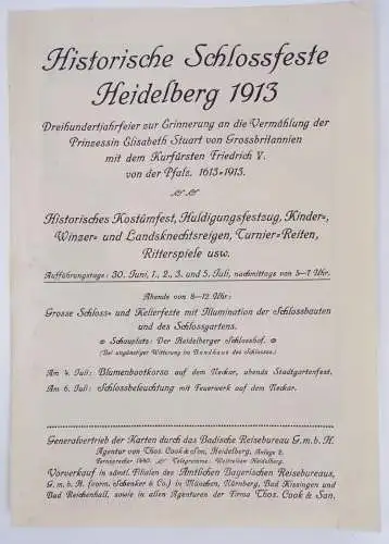 Programm Heidelberg Historische Schlossfeste 1913 Handzettel Reklame