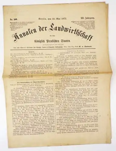 Zeitung Annalen der Landwirtschaft 1872 Preußen No 40