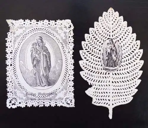 2 x Spitzenbilder Gebet Heilige Mutter Gottes um 1860 Schmuckpapier Heiligenbild