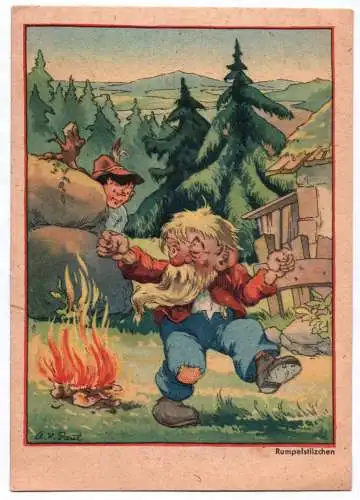 Künstler Ak Rumpelstilzchen am Feuer