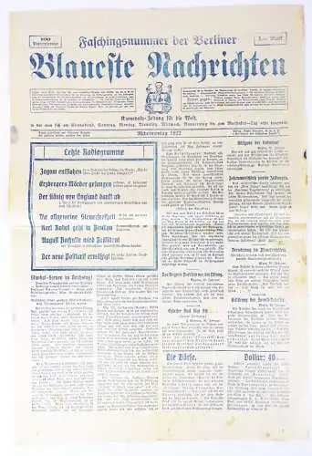 Zeitung Faschingsnummer der Berlin er Blaueste Nachrichten 1922 Aschermittwoch