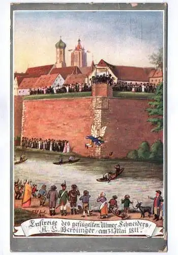 Künstler Ak Ulm an der Donau 1915 Luftreise des geflügelten Ulmer