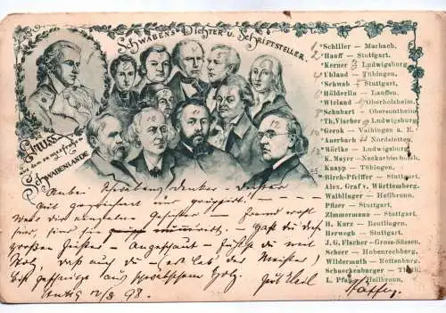 Ak Schwabens Dicher und Schriftsteller 1898 Gruß aus dem  Schwabenlande