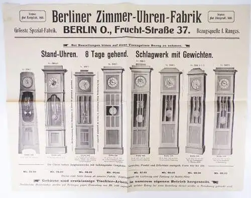 Plakat Berliner Zimmer Uhren Fabrik um 1910 Standuhren Reklame