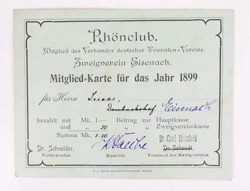 Mitgliedskarte Rhönclub Zweigverein Eisenach 1899 