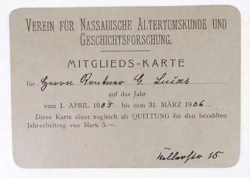 Mitgliedskarte Verein für Nassauische Altertumskunde Geschichtsforschung 1906