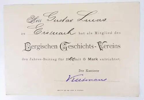 Mitgliedskarte Bergischer Geschichts Verein Eisenach 1900 