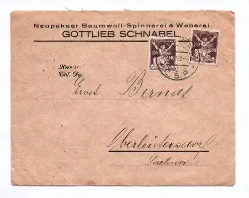 Brief Neupakaer Baumwoll Spinnerei & Weberei Böhmen 1922 Firmenbrief