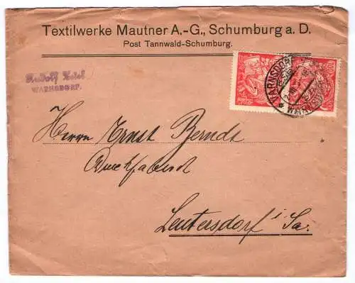 Brief Textilwerke Mautner AG Schumburg a.D. Böhmen Firmenbrief 1923