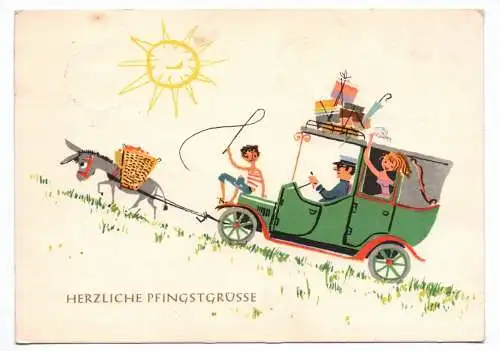 Künstler Ak Herzliche Pfingstgrüße 1966 Esel zieht Auto
