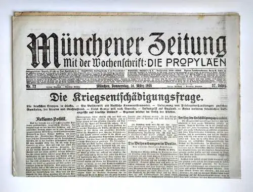 Münchner Zeitung Nr. 72 Die Kriegsentschädigungsfrage 1918
