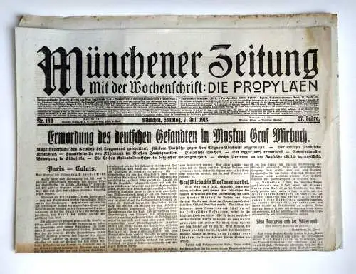 Münchner Zeitung Nr. 183 Ermordung deutschen Gesandten in Moskau Graf Mirbach