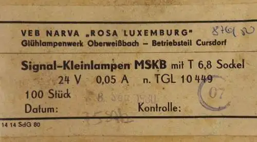 Signal Kleinlampe Telefonstecklampe Telefonlampe 24 V DDR NOS 10 Stück