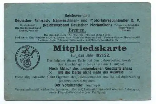 Mitgliedskarte Reichsverband deutscher Fahrrad Motorfahrzeug EV Bremen 1921