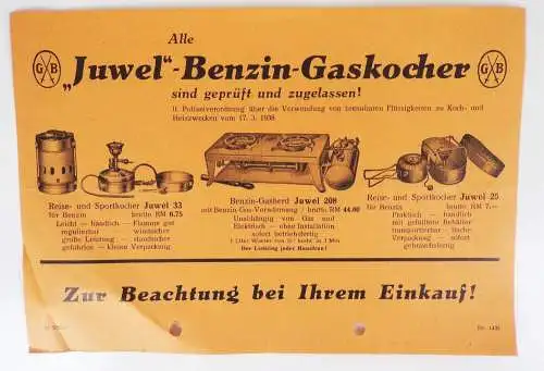 Juwel Benzin Gaskocher Reklame Blatt Werbung um 1939 Barthel