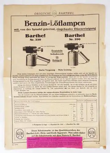 Reklame Blatt Benzin Lötlampen Barthel um 1935 