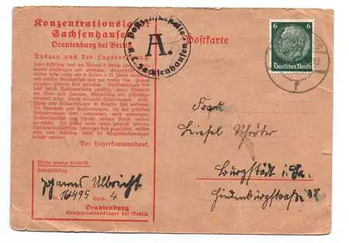 Postkarte KZ Sachsenhausen 1941 Block 4 nach Burgstädt