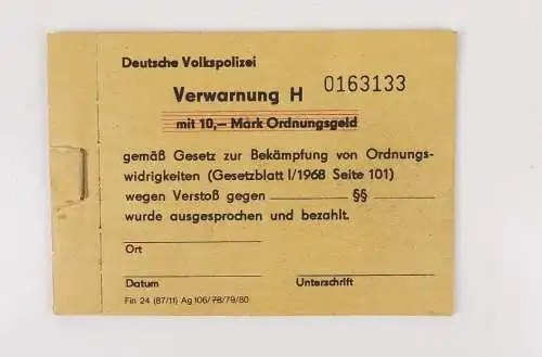 Volkspolizei Block Verwarnung 10 Mark Ordnungsgeld blanko
