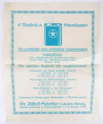 Reklame Blatt Taschenlampe Sternlampe Schröter Leipzig Connewitz 1910 er