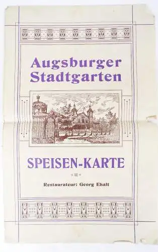 Speisekarte Augsburger Stadtgarten um 1910 blanko