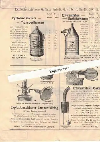 Prospekt Explosion sichere Gefässe Fabrik Berlin 1910er Benzin Kanister Fass kfz