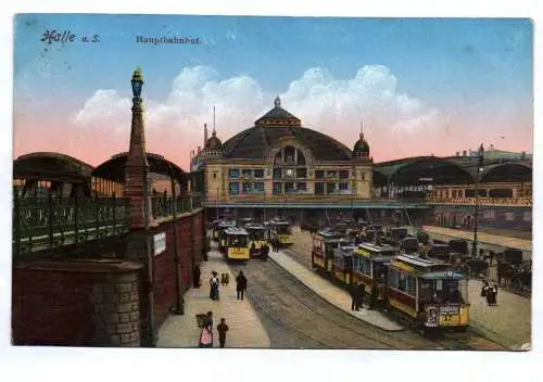 Ak Halle an der Saale Hauptbahnhof Straßenbahn Feldpost