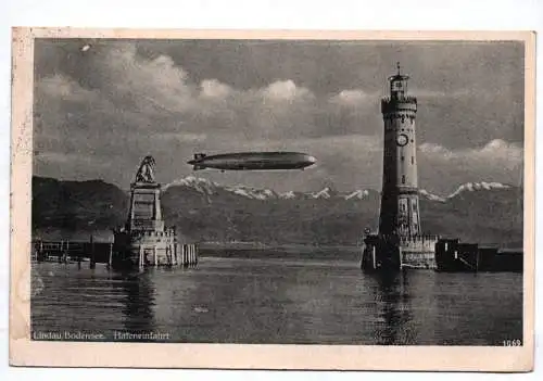 Ak Lindau Bodensee Hafeneinfahrt Zeppelin 1943 Bahnpost