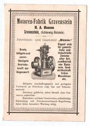 Reklame Karte Motoren Fabrik Gravenstein Hansen Petroleum Gasmotor 1910 er