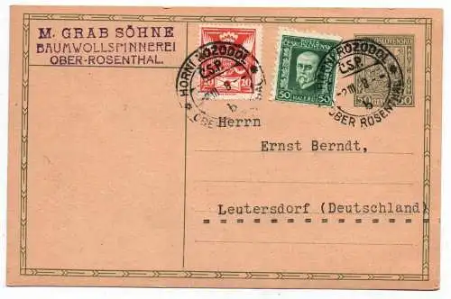 Böhmen Ganzsache Baumwollspinnerei Ober Rosenthal Stempel Tschechien 1928