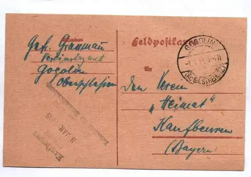 Feldpostkarte Gogolin Kreis Strehlitz Schlesien 1918 Stempel