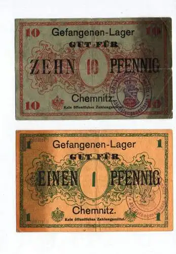 Gefangenen Lager Chemnitz Geldscheine 1 und 10 Pfennig 1 Wk WW1 Lagergeld