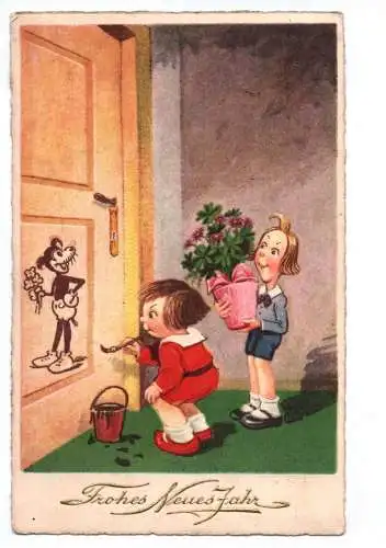 Ak Max und Moritz malen Micky Maus an die Tür 1935 frohes Neues Jahr
