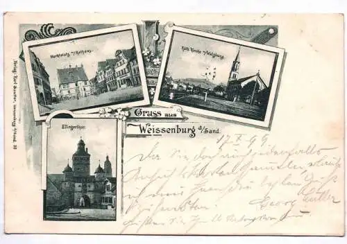 Litho Ak Gruss aus Weissenburg Sand 1899 Marktplatz Kirche Ellingerthor