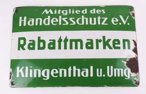 Emailschild Klingenthal und Umgebung Rabattmarken Handelsschutz 1930 er