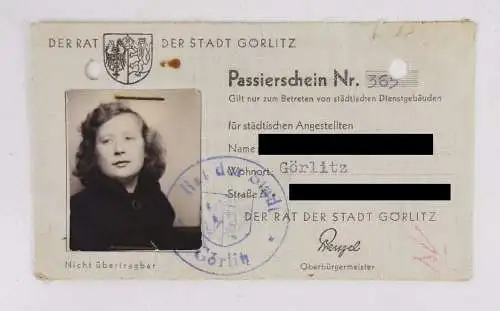 Passierschein Stadt Görlitz um 1940 Angestellte