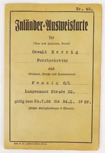 Ausweis Inländer Ausweiskarte Forst Sekretär Penzig Oberlausitz 1926 Görlitz