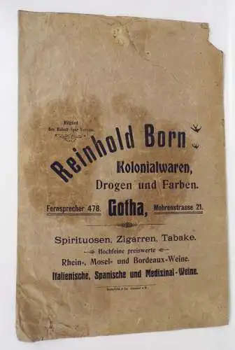 Papiertüte Reklame Reinhold Born Kolonialwaren Gotha um 1900