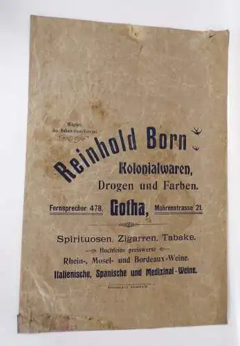 Papiertüte Reklame Reinhold Born Kolonialwaren Gotha um 1900