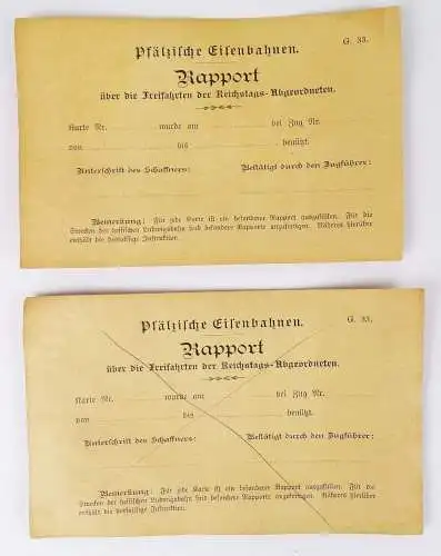 Pfälzische Eisenbahn Rapport Freifahrten Reichstagsabgeordnete Belege um 1900