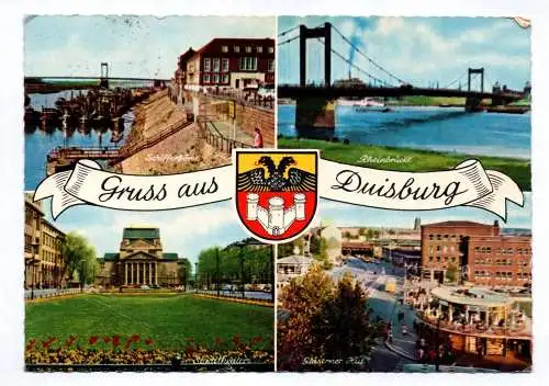 Ak Gruss aus Duisburg Rheinbrücke Schifferbörse 1964