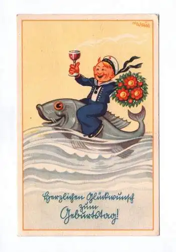 Künstler Ak H. Weiss Glückwunsch zum Geburtstag 1941 Matrose auf Fisch