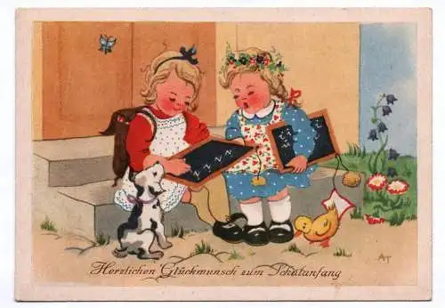Künstler Ak Herzlichen Glückwunsch zum Schulanfang Kinder mit Tafeln