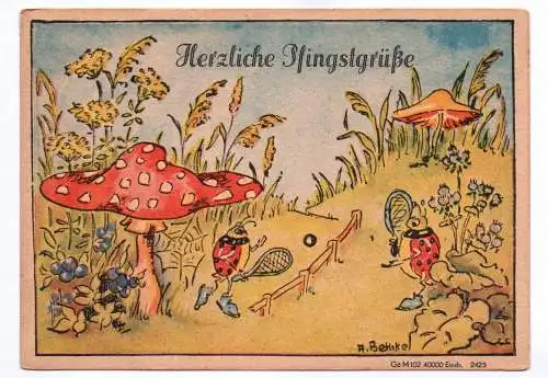 Künstler Ak Herzliche Pfingstgrüße Tennis spielende Marienkäfer Fliegenpilz